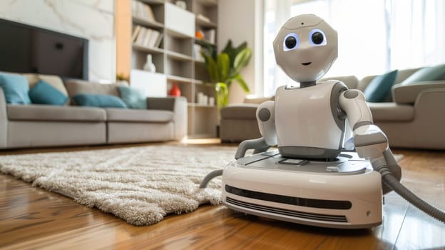 The picture of the robot that working as vacuum cleaner inside the indoor building to clear and clean the floor, the cleaning is the type of the household chore require knowledge and detailed. AIG43.