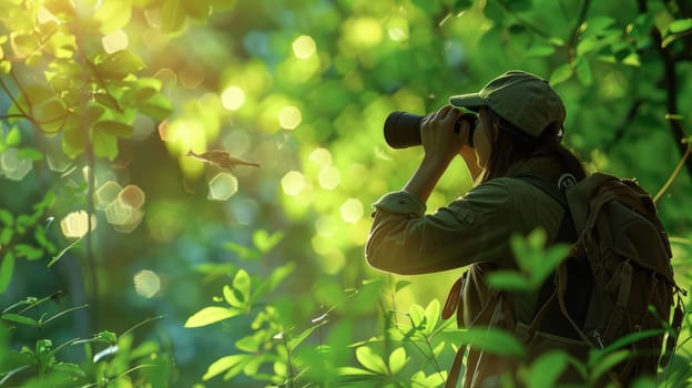 The picture of the bird watcher that has been searching for the birds with the binocular in the forest, the bird watcher require patience, knowledge of bird habits and the ethical awareness. AIG43.
