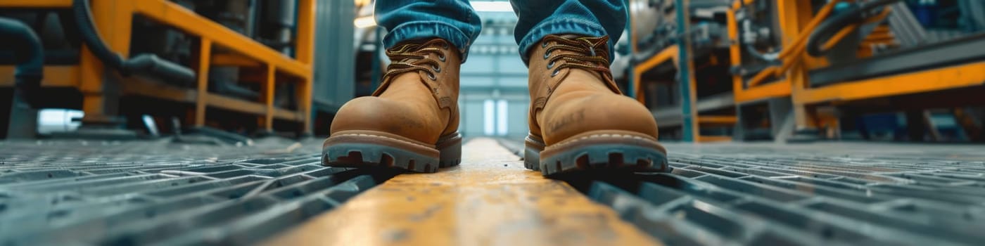 The close up picture view of the engineer is working inside the factory and focus on the boots, the engineer require skill like the technical experience, management and the communication skill. AIG43.