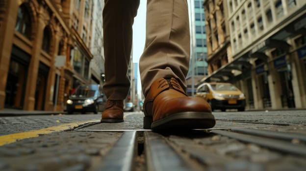 The picture of the person is working as business person and walking to work in street of the city, the businessman require skill like management, negotiation, marketing and the communication. AIG43.