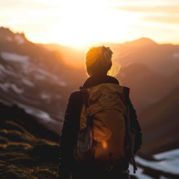 A woman in a cap and eyewear is happily looking at the sunset in nature, with the sun shining bright in the sky, creating a beautiful landscape AIG50