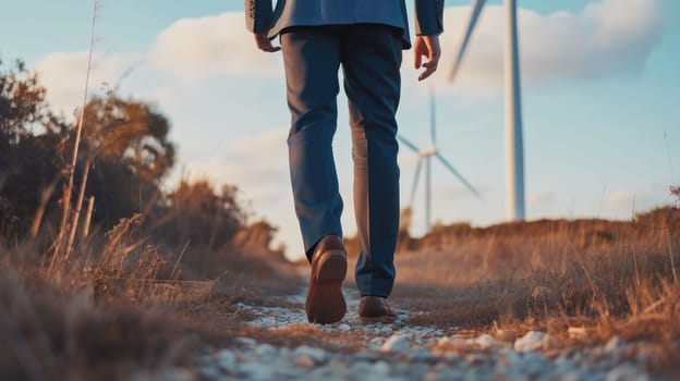 The picture of the person is working as business person walking to work near a grass and windmill, the businessman require skill like management, negotiation, marketing and the communication. AIG43.