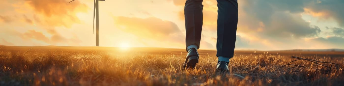The picture of the person is working as business person walking to work near a grass and windmill, the businessman require skill like management, negotiation, marketing and the communication. AIG43.