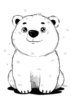 A cartoon drawing of a happy polar bear sitting down, showcasing its carnivore jaw and snout. The black and white art depicts the organism smiling toyfully