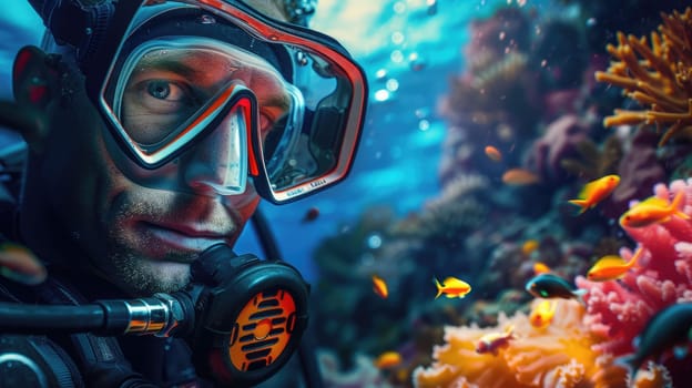The picture of the diver is diving in the sea or ocean and wearing goggles and snorkel, the diver require skills like knowledge of the diving equipment and gear, buoyancy control and training. AIG43.