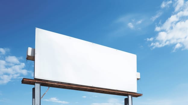 Blank billboard advertisement stand against a clear blue sky at urban cityscape with desert terrain in the background. A billboard in a field. The billboard has a metal frame. Advertisement. AIG35.