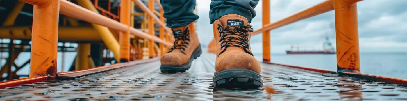 The close up picture view of the engineer is working inside the factory and focus on the boots, the engineer require skill like the technical experience, management and the communication skill. AIG43.