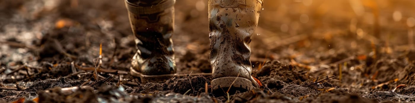 The close up picture of the farmer is walking inside the farm while wearing the dirty boots, the farmer require skill like soil knowledge, farm management, weather monitoring and the marketing. AIG43.