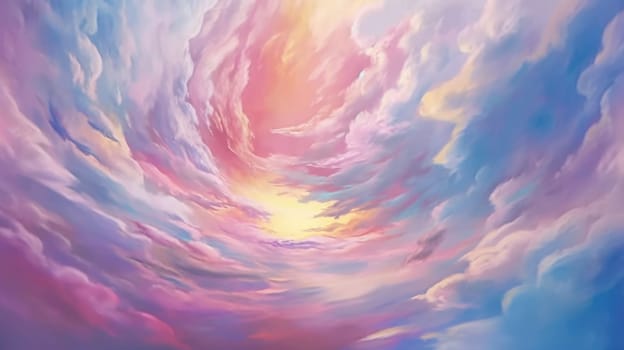 Surreal sky with swirling clouds and warm light at the center, painted in a vibrant, dreamlike style. Twilight sky with fluffy cloud background painted with pink and blue pastel watercolor. AIG35.