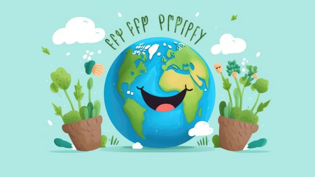 Cartoon image of a happy earth character surrounded by vegetables or plant in flower pot and fluffy clouds on a blue background. Green environment and growing sustainability or clean energy. AIG35.