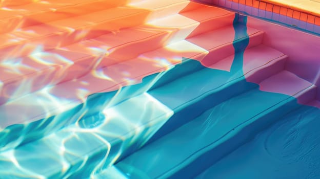 Aqua and magenta tints and shades create a vibrant display in this artistic piece featuring a colorful painting of a pool with reflections of buildings in the water AIG50