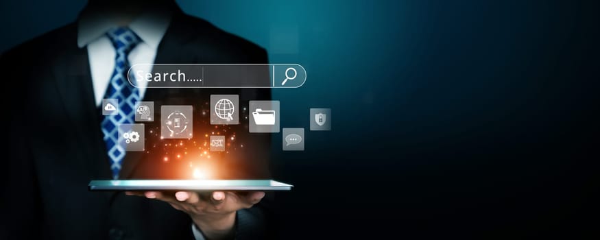 Business person conducts search engine research, extracting valuable data for strategic decisions. Utilizing search engines for comprehensive research and SEO data analysis. FaaS