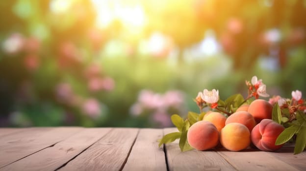 Ripe peaches on wooden table with peach tree background. A bunch of fresh peaches was placed on a wooden table with peach tree with blurring background. Harvest and organic fruit concept. AIG35.
