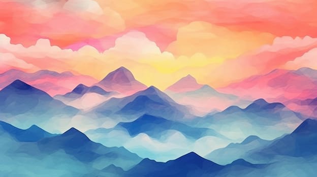 Abstract painted sky with vibrant cloud colors. Twilight sky in sunset with pastel watercolor and fantasy cloud background. Artistic background with a blend of pink, blue, and orange hues. AIG35.