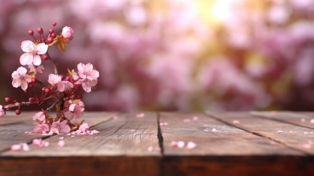 Cherry blossoms on wooden table with soft-focus floral background. Cherry blossoms blooming with pink petal at spring season with blurring background. Springtime and nature beauty concept. AIG35.
