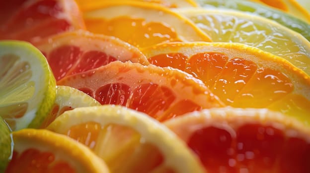 A colorful display of sliced citrus fruits such as orange, peach, and amber produce a vibrant array on the table. These ingredients can be used to create a delicious fruit dish in various cuisines AIG50