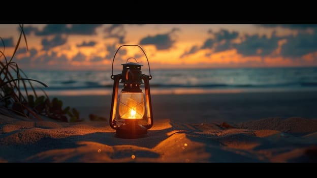 A lantern illuminates the sandy beach at sunset, casting a warm glow over the water and painting the horizon in a beautiful dusk landscape AIG50