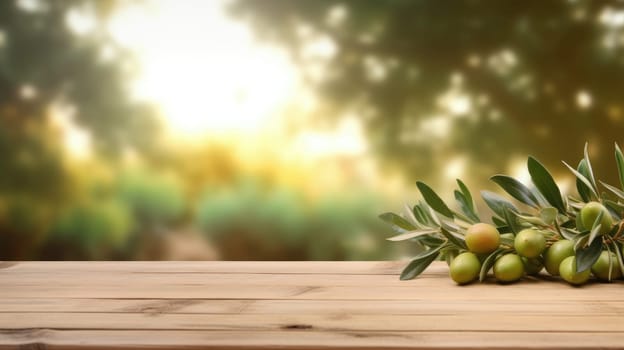 Olive branch with green olives on wooden surface. Olive was placed on table with blurring background. Mediterranean cuisine and organic farming concept for design and print, with copy space. AIG35.