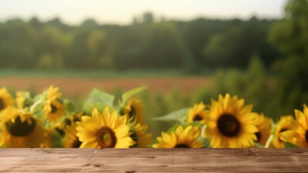 Bright sunflowers on wooden table with soft-focus garden background. Sunflower garden with grass planted behind wooden table with blurring background. Summer bloom and nature with copy space. AIG35.