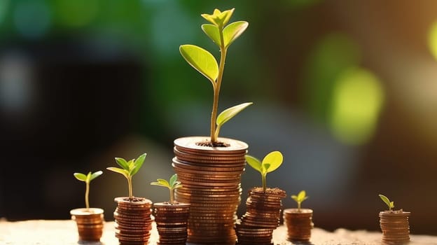 Plant growing from a stack of coin in soil with blurring background. Tree sprout with golden coin scattering around. Represented saving money. Financial growth and investment with copy space. AIG35.