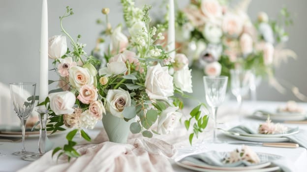 A beautifully arranged table featuring plates, silverware, and a stunning centerpiece of flowers including roses. The peachcolored petals add a touch of elegance to the creative arts display AIG50