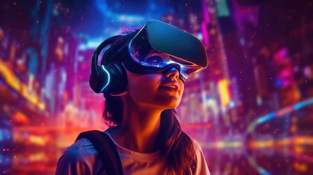 People wearing VR goggle while enter metaverse with neon color background. People with VR headset against abstract neon pattern background. Concept of virtual reality and futuristic technology. AIG35.