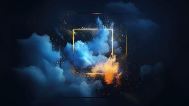 Digital artwork of geometric shape blue smoke art on black background. Surreal wallpaper of elegant golden square picture frame with magical blue smoke. Mystery and abstract concept art. AIG35.