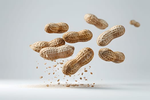 Seeds from peanuts are flying through the air, a natural food falling from the plant. A gesture of natures bounty as they descend like metal fashion accessories