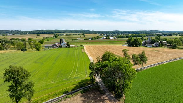 Aerial view capturing a picturesque landscape of mixed-use farm fields, trees, and farm buildings, under the warm sunlight of a summer's day.