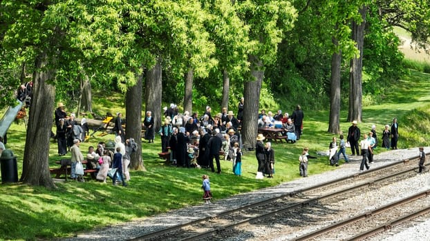 An Amish Community Gathering in a Shaded Park by Railroad Tracks