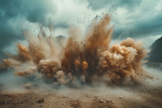 An explosion of sand and dust on the ground on a cloudy day.
