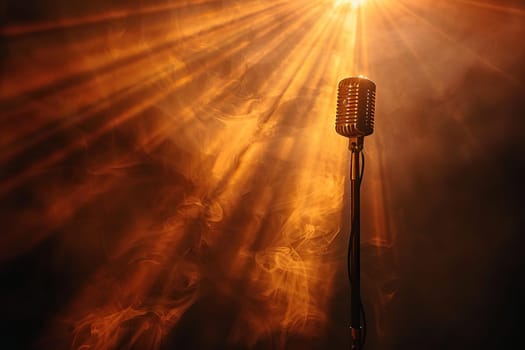Microphone on stage in bright spotlight and smoke. Concept of performance, show, concert.