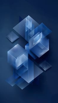 A group of electric blue cubes made of transparent material are stacked on top of each other in a symmetrical pattern on a dark blue background, resembling a modern art installation