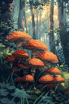 A cluster of mushrooms can be spotted in the midst of the natural landscape of a forest. This terrestrial plant species thrives among the grass and wood of the biome