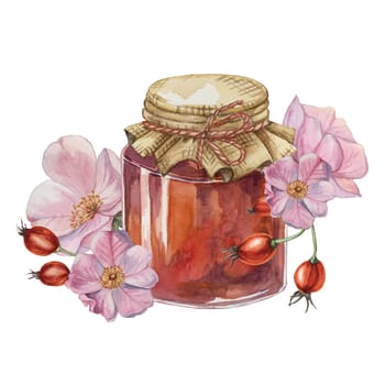 Rose hip jam in glass jar with canvas burlap fabric lid, bow and rose flowers. Rosehip berry breakfast jelly watercolor illustration for printing, food packaging, labels, cards, stickers, scrapbooking