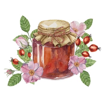 Rose hip jam in glass jar with canvas burlap fabric lid and twine rope bow. Rosa canina flowers, leaves, fruits isolated watercolor illustration for printing, labels, cards, stickers, scrapbooking