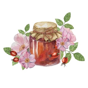 Rose hip jam in glass jar with canvas lid and rope bow. Swiss forest berry preserve with pink flowers and leaves watercolor illustration for printing, food packaging, label, card sticker, scrapbooking