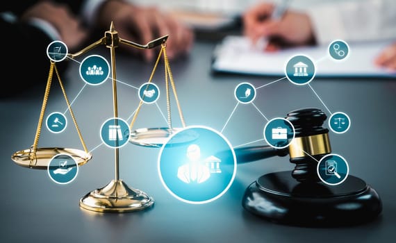 Smart law, legal advice icons and lawyer working tools in the lawyers office showing concept of digital law and online technology of savvy law and regulations .