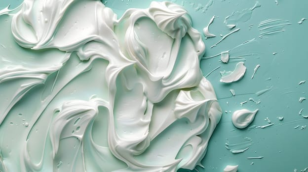 A close up of liquid whipped cream resembling delicate satin petals on a vibrant blue surface, creating an artful and luxurious visual event