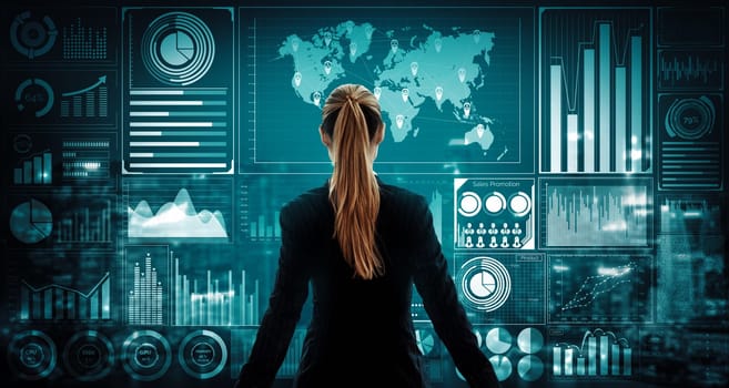 Big Data Technology for Business Finance Analytic Concept. Modern interface shows massive information of business sale report, profit chart and stock market trends analysis on screen monitor. uds