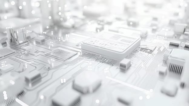 A detailed close-up showcases the complexity of a circuit board with focus on microchips and electronic pathways, presented in grayscale for a modern look - Generative AI