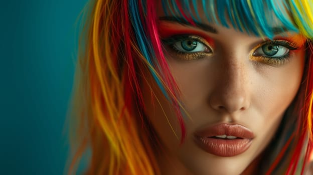 A close-up portrayal of a young woman with striking rainbow-colored hair, featuring hues of red, yellow, and blue, with an intense gaze - LGBTQ rights concept - Generative AI