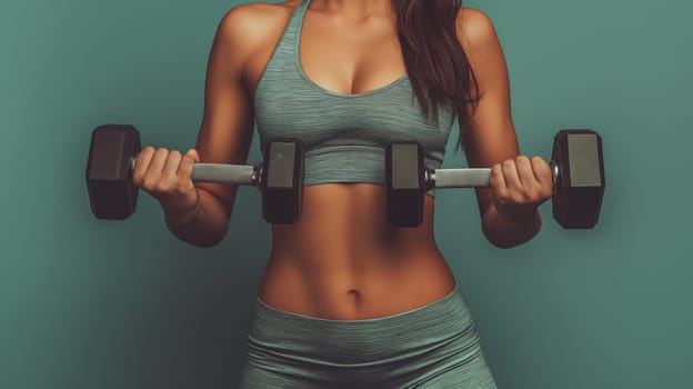 A woman in fitness attire engages in a bicep curl with a pair of dumbbells, showcasing strength training against a teal backdrop - Generative AI