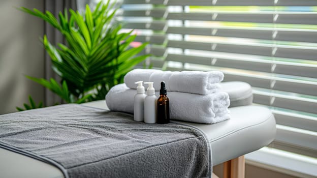 A neatly prepared massage table with plush towels and essential oil bottles against a backdrop of a sunlit window with blinds, conveying a sense of calm relaxation - Generative AI