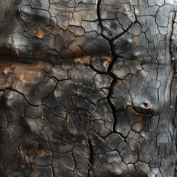 A close up of a cracked brown piece of wood with a pattern resembling a road surface, surrounded by grey bedrock and grass in the background