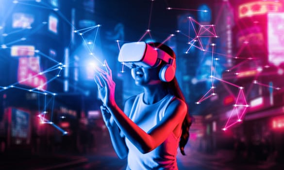 Smart female standing in cyberpunk style building in meta wear VR headset connecting metaverse, future cyberspace community technology, Woman using two fingers touching virtual object. Hallucination.