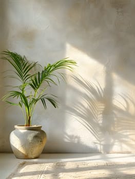 A houseplant in a flowerpot sits against a white wall, bringing a touch of nature indoors. The green foliage contrasts beautifully with the neutral tones of the wall and wooden flooring