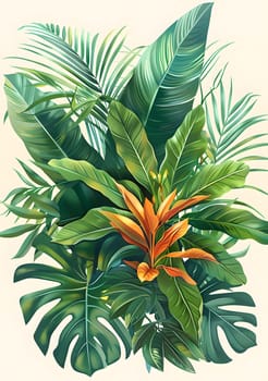 A beautiful painting featuring tropical leaves and flowers on a white background, showcasing the vibrant colors and intricate details of various terrestrial plants and flowering plants