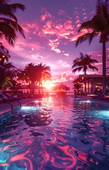 A natural landscape with a swimming pool surrounded by palm trees, with a sunset creating a beautiful purple afterglow in the sky