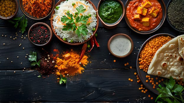 A wooden table adorned with an array of bowls filled with an assortment of food and spices, creating a beautiful display of ingredients for a delicious recipe